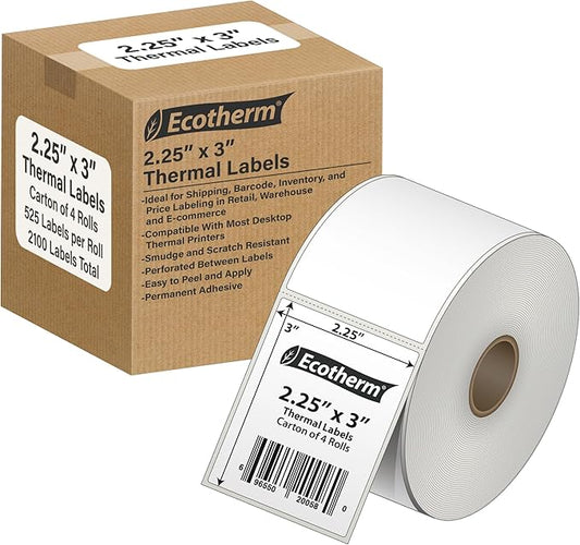 2.25" x 3" Thermal Labels | 4 Rolls | 2100 Labels | fits Zebra, Offnova Thermal by EcothermProducts