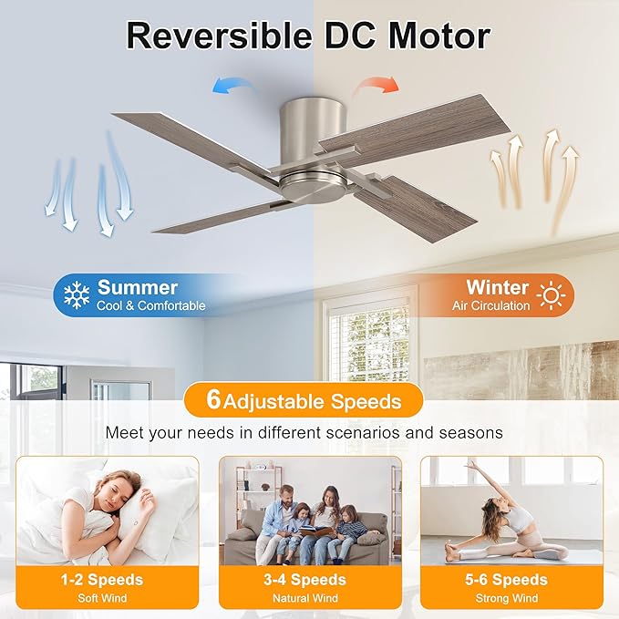 WINGBO 48 Inch Flush Mount Ceiling Fan without Light - Image 3