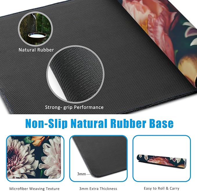 EOBKLAX Vintage Beautiful Flowers Desk Mat, Large Gaming Mouse Pad, Non-Slip - Image 5