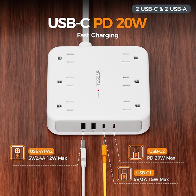 TESSAN Surge Protector Power Strip 2100J, 5 Ft Flat Plug Extension Cord - Image 4