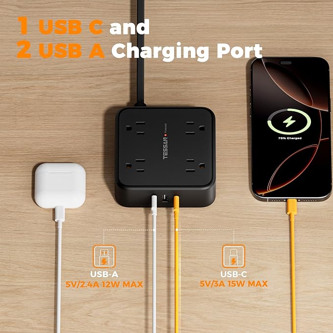 TESSAN Surge Protector Power Strip Black, 5 Ft Flat Plug Extension Cord - Image 5