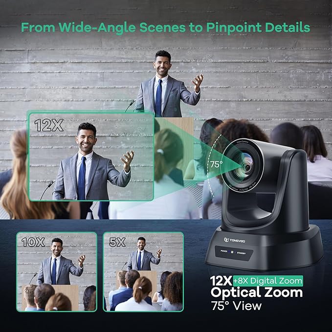 TONGVEO PTZ Camera AI Auto Tracking 12X Optical Zoom Conference Room Camera - Image 4