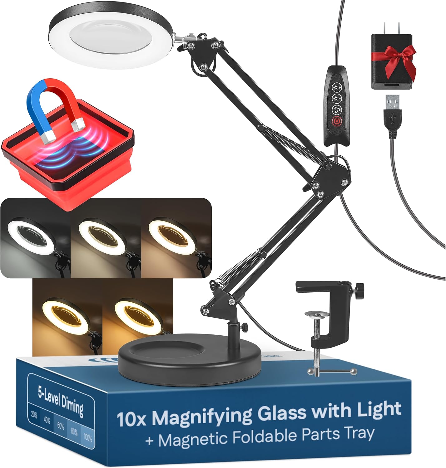 10X Magnifying Lamp - Desk Magnifying Glass with Light, Lighted Magnifying Glass with Stand, Magnifying Light, 5 Color Modes, 2 Mounting Options, USB Cable, Adapter & Magnetic Tray, Black