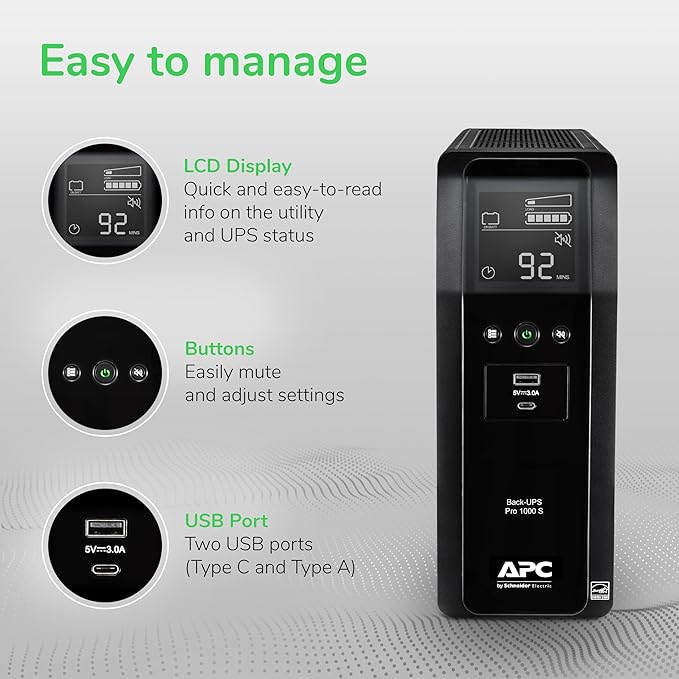 APC UPS Back-UPS Pro, 1000VA Sinewave UPS Battery Backup & Surge Protector - Image 6