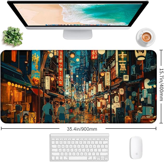 Cute Japanese Street Desk Mat, Anime Tokyo Street Night Scene Large Mouse Mat - Image 2