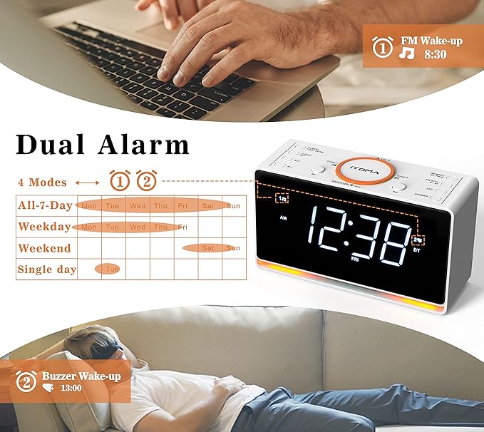 iTOMA Alarm Clock Radio, 1.4" White LED Display Clock - Image 2