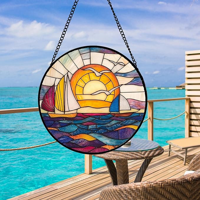 DASTOLL Stained Glass Window Hanging, Sailboat and Waves Suncatcher Diamond - Image 3