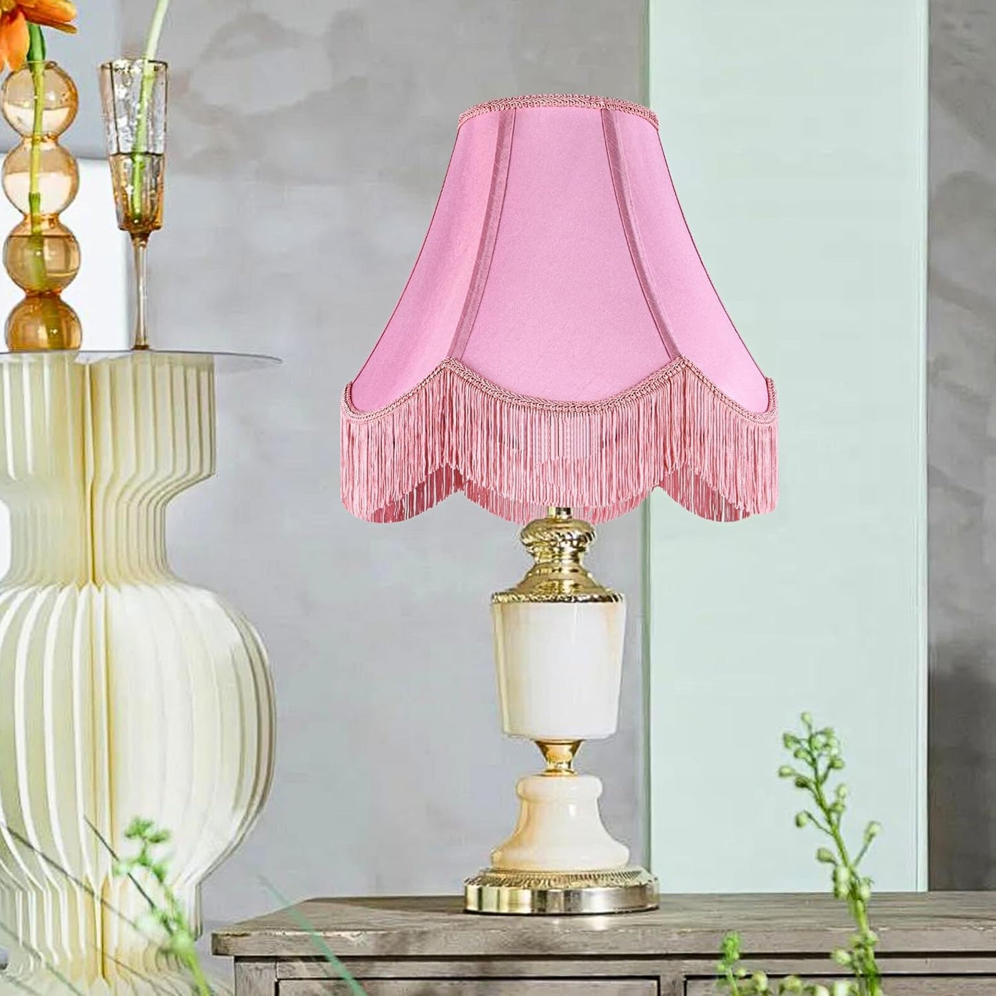 GO&SO Lamp Shades 1PC,6" x 13" x 10.6",Pink Fringe Scalloped Lamp Shade | Hand Crafted,Silk Fabric,Victorian Lamp Shade,Spider Fitter,Bell Lamp Shades for Table Lamps,Easy Assembly