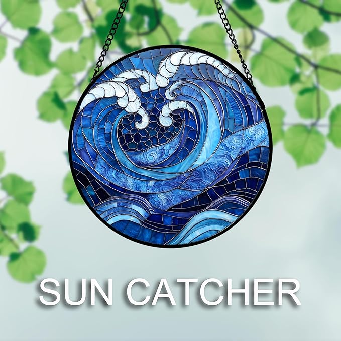 DASTOLL Stained Glass Window Hanging 4 Pcs Set Blue Ocean Waves Large 15" - Image 5