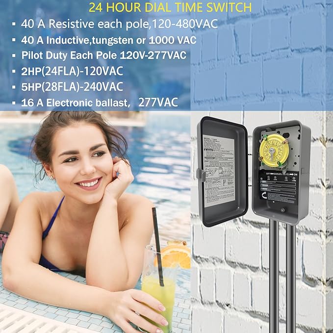 T104R Mechanical Timer Switch, 208–277 VAC 40 Amp, Pool Pump Switch, 24 Hour 12 - Image 4