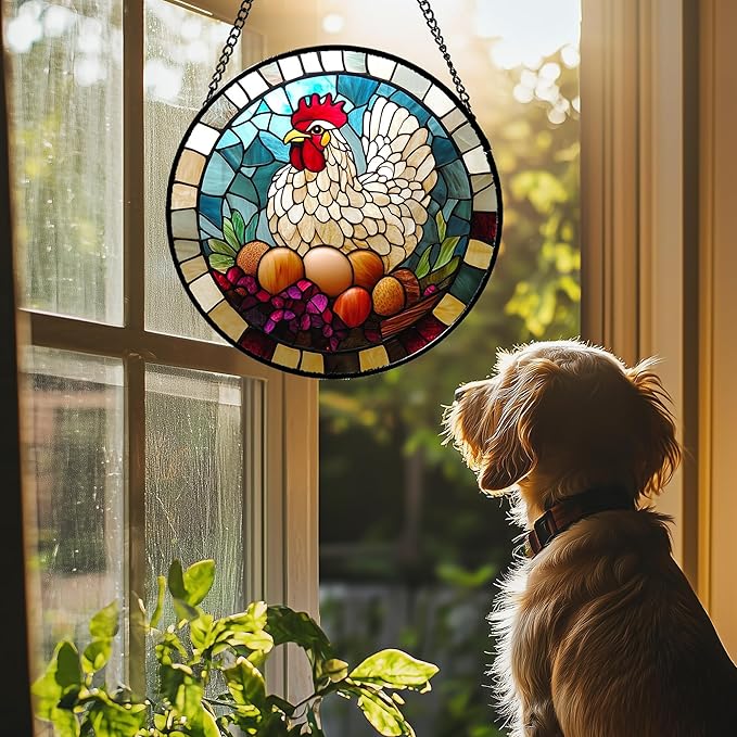 DASTOLL Stained Glass Window Hanging White Chicken Hatching Eggs 7.8" - Image 2