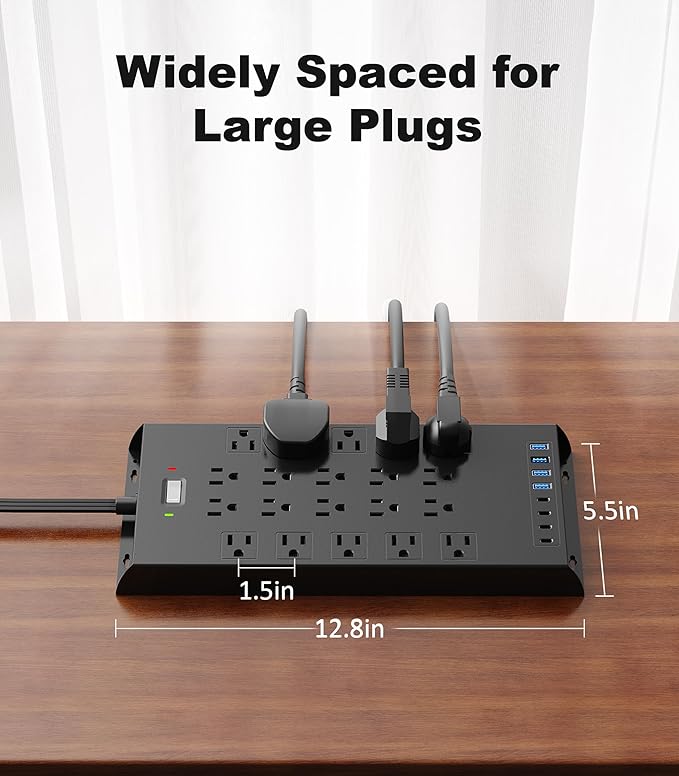 Surge Protector Power Strip 4800J, LeZone 10Ft Long Extension Cord Flat Plug - Image 7