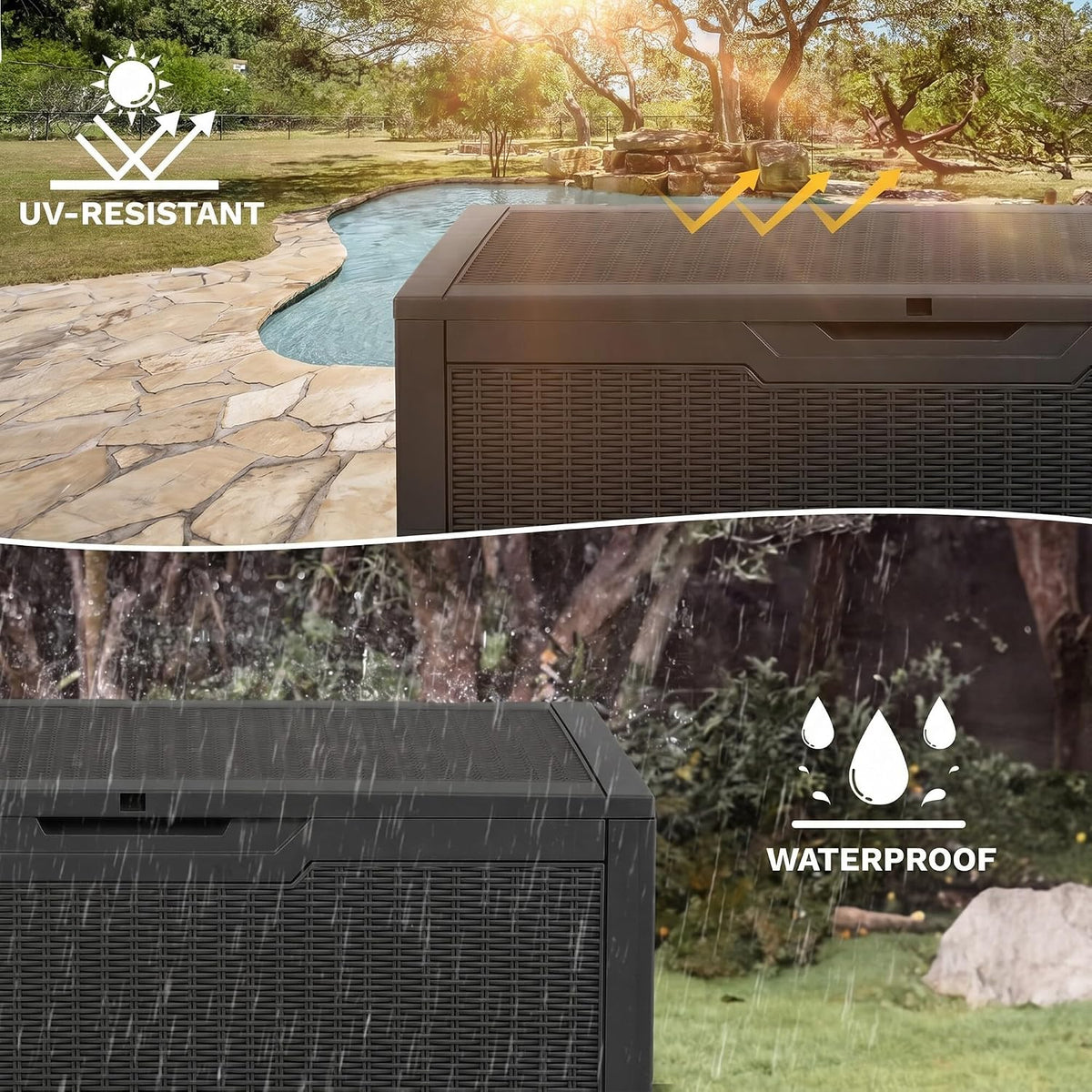 dwvo 100 gallon outdoor storage box, lockable water showing dimensions