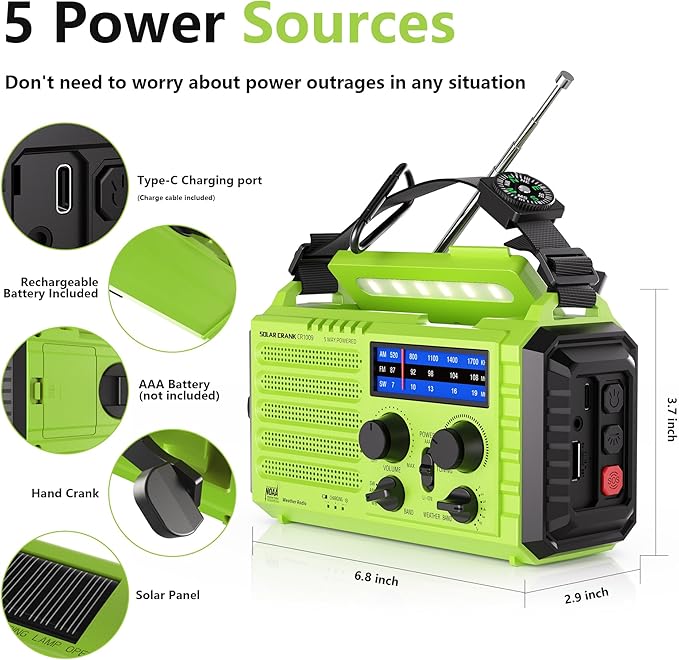 Mesqool Emergency Radio 5 Way Powered, 5000mAh/18500mWh Survival Solar Hand - Image 2