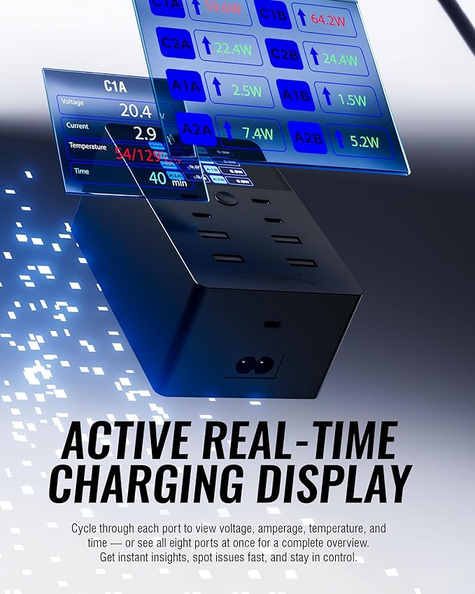 SABRENT Charger, 252W 8-Port Desktop Charging Station w/Real-Time LCD Display - Image 3