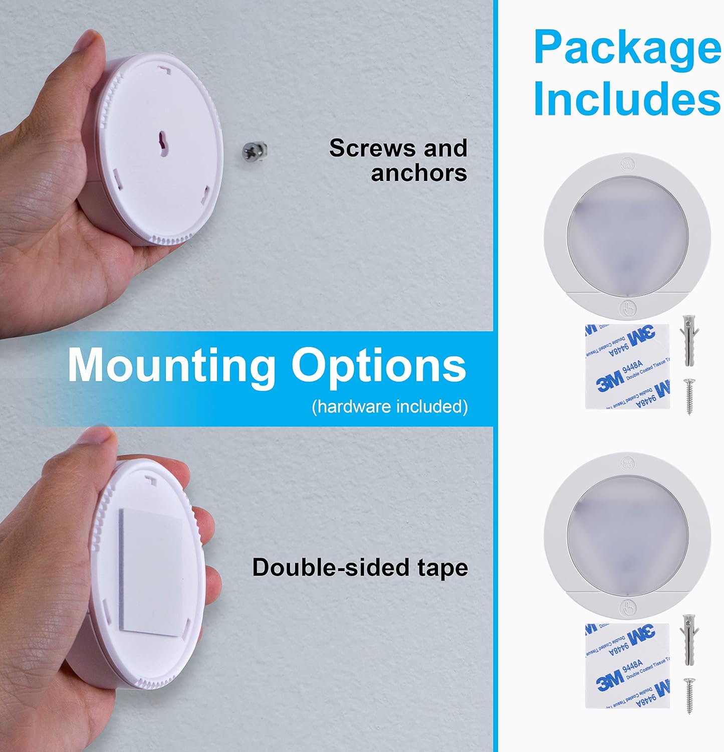 GE Under Cabinet LED Puck Lights Wireless Battery Operated, Touch Activated Stick On Lighting for Kitchen Closet Pantry Bookshelf Garage, Bright White 20 Lumen, 2 Pack, 25434