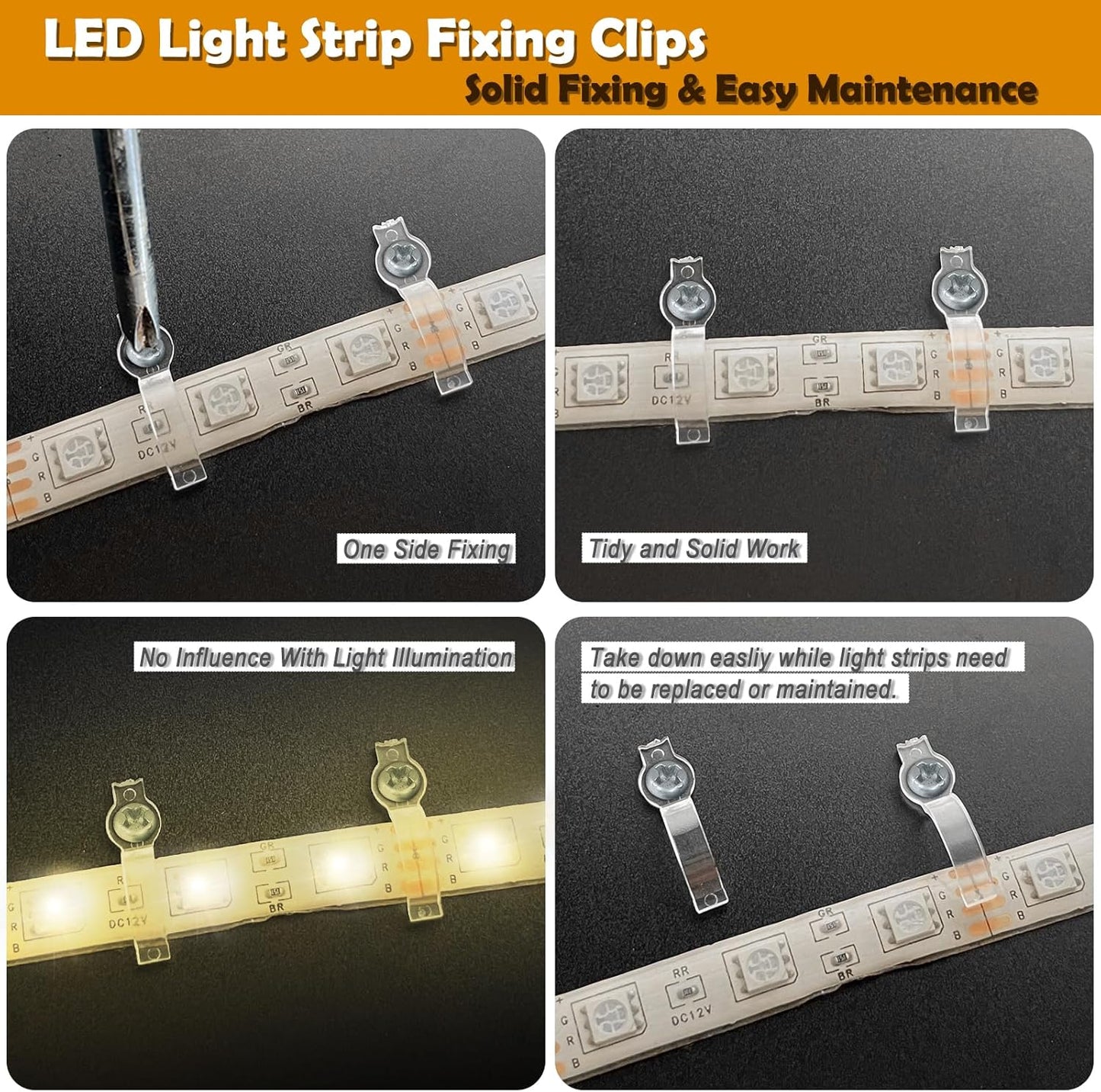 GRIVER 100 Pack Strip Light Mounting Brackets,Fixing Clips,One-Side Fixing,100 Screws Included (Ideal for 10mm Wide Waterproof Strip Lights)