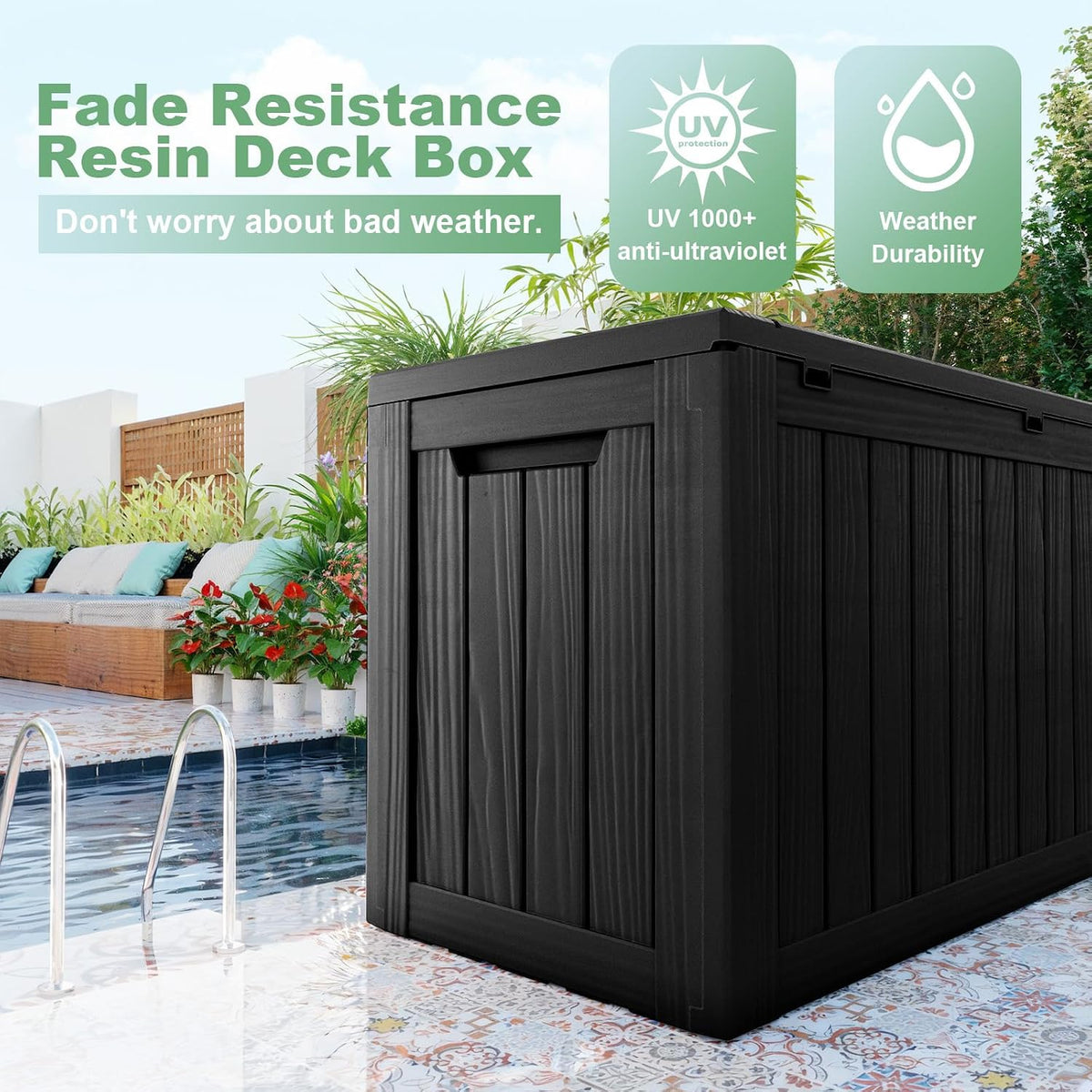 drato 80 gallon deck box, outdoor storage box shown in use