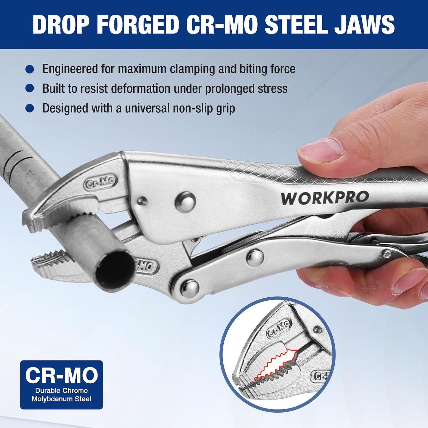 WORKPRO 5-Piece Locking Pliers Set, 5"/7"/10" Curved Jaw & 6.5"/9.5" Long Nose, CR-MO Steel Construction with Perforated Screw, Multipurpose Clamping Tool Kit for Automotive, Welding, and Home DIY
