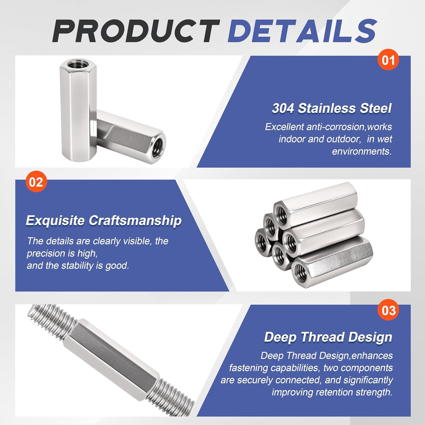 304 Stainless Steel Metric hex Coupling Nuts M6 x 1.0-Pitch 50mm 8 Pcs | Coupling Nuts,rod extension nut,metric threaded stud connector,long hex nut,bolt extender,DIY assembly hardware