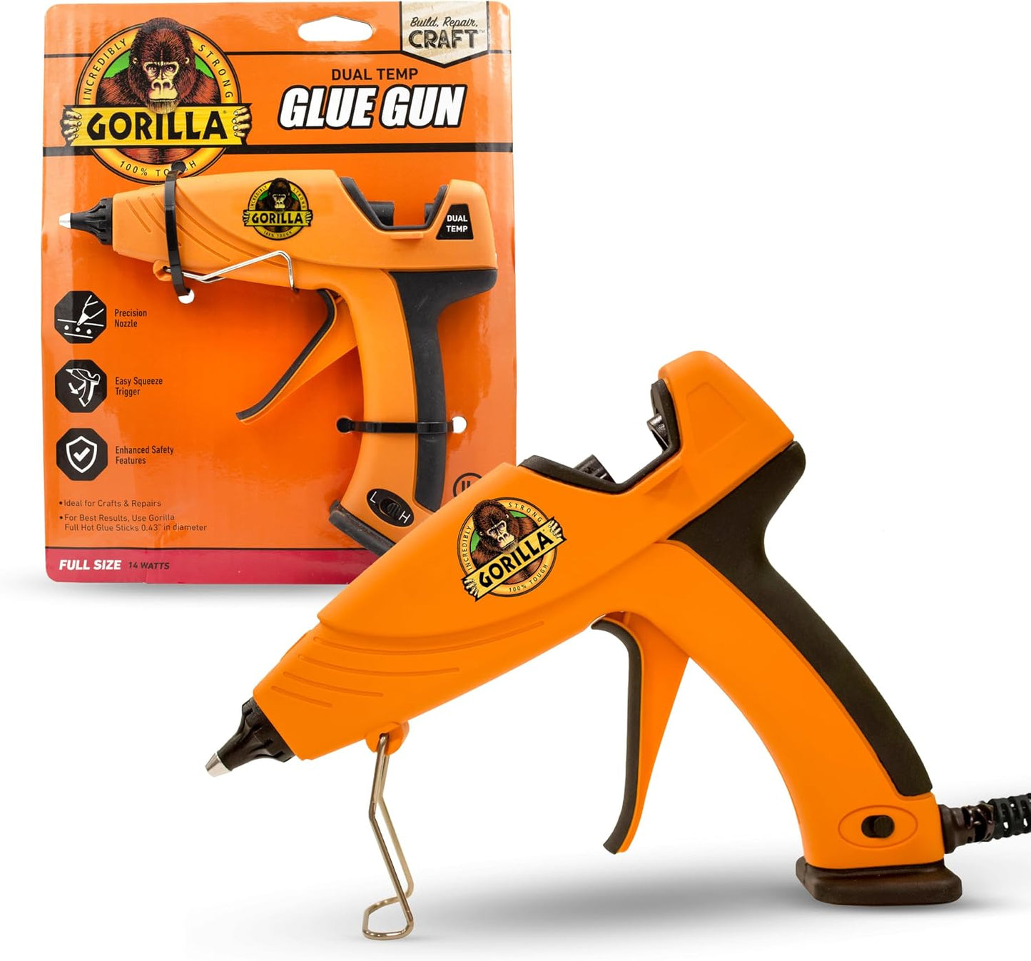 Gorilla Dual Temp Full Size Hot Glue Gun, Precision Nozzle | Easy Squeeze Trigger for Comfort, Enhanced Safety Features, Great for DIY, Craft, Repairs, and More