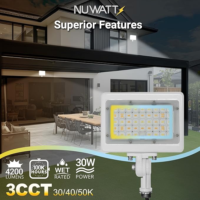 NUWATT 30W LED Flood Light, 3CCT 3000K/4000K/5000K Selectable, IP65 Waterproof - Image 4