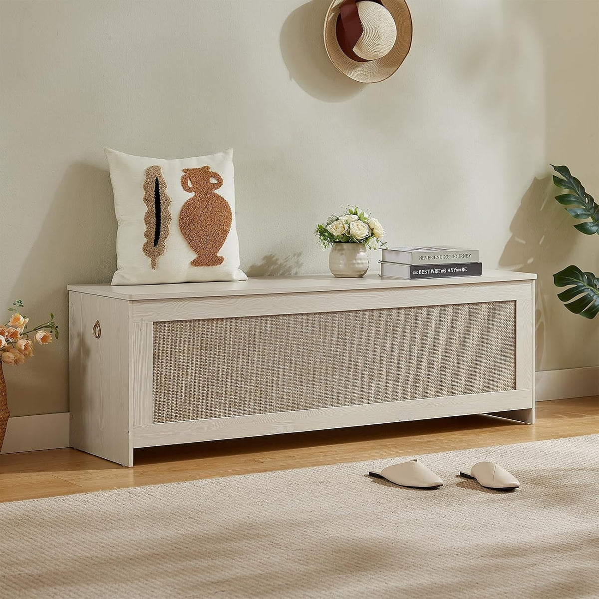 55.1" storage chest extra large,rattan storage bench(white cream), main product view