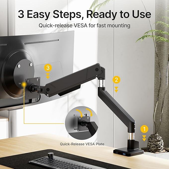 monTEK Single Monitor Arm for Max 45 Inch Ultrawide Screens Adjustable Monitor - Image 4
