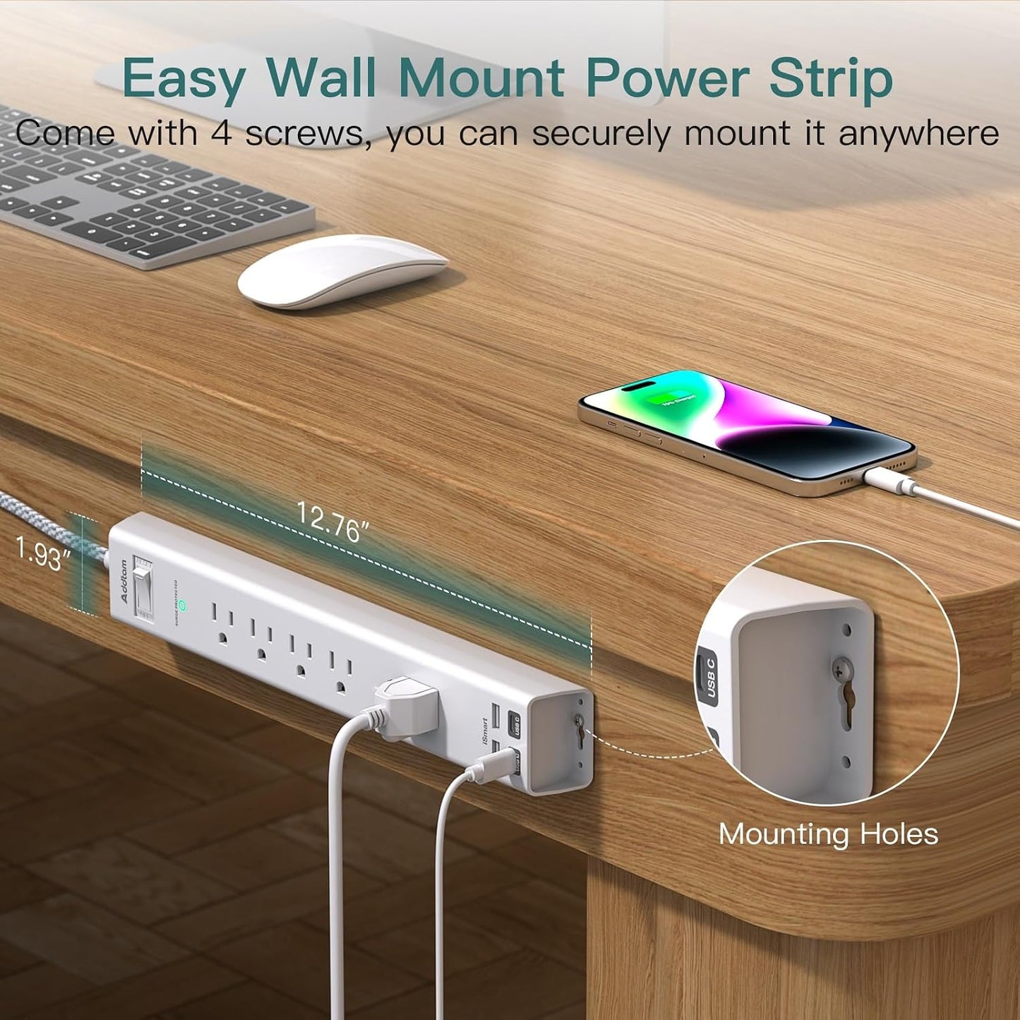 2 Pack Surge Protector Power Strip -6ft Extension Cord, 5 Outlets 4 USB | 2 USB C Charging Ports, 1875W/15A, Flat Plug, 1080J Overload Protection Wall Mount for Home Office Dorm Room Essentials