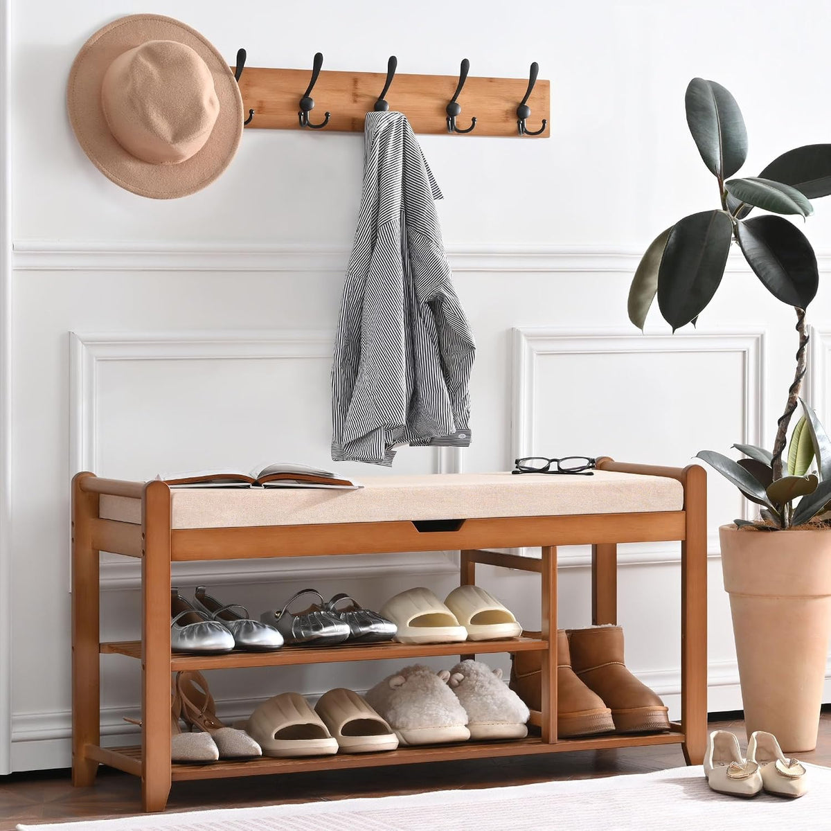 39.4in shoe bench with coat rack, entryway shoe, main product view