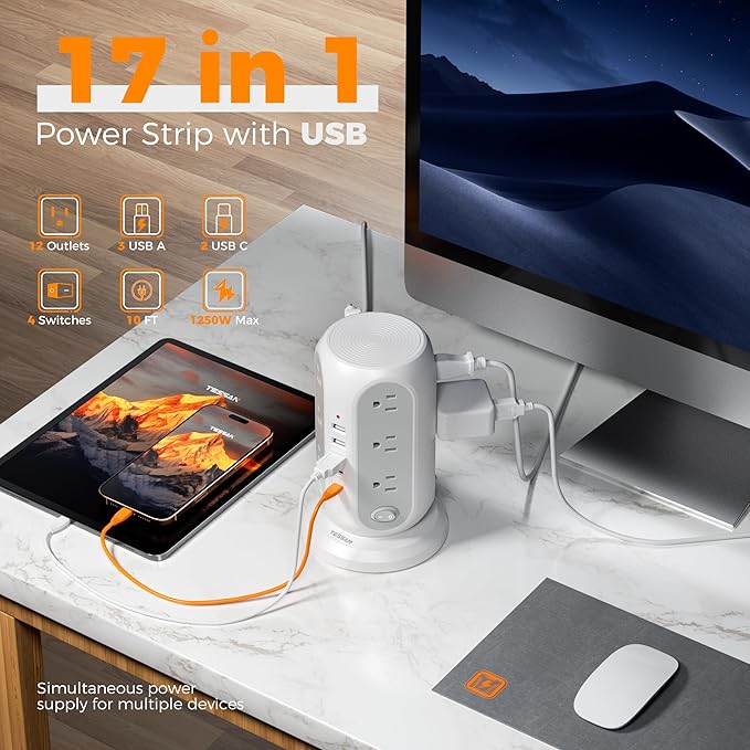TESSAN Tower Power Strip with Individual Switches, Surge Protector with 12 - Image 6