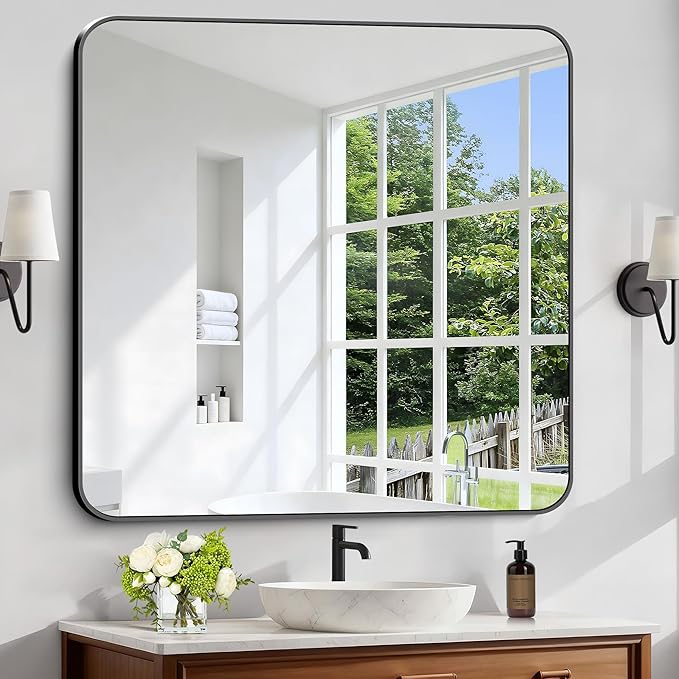 Black Bathroom Mirror, 38x40 inch Aluminum Metal Frame Rectangular Vanity Mirror by WelcometoCIVENO
