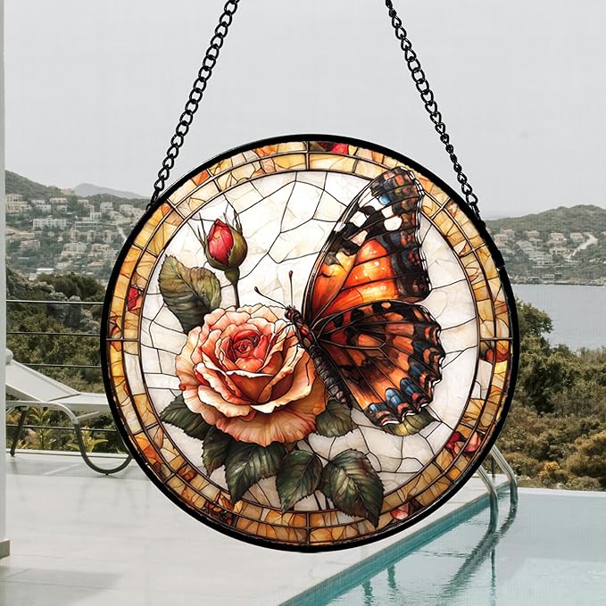 DASTOLL Stained Glass Window Hanging, Butterfly Picking Flowers Suncatcher - Image 4