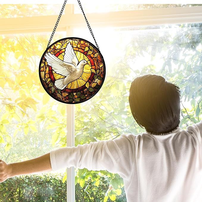 DASTOLL Stained Glass Window Hanging, Flying White Dove Sun Catchers Diamond - Image 4