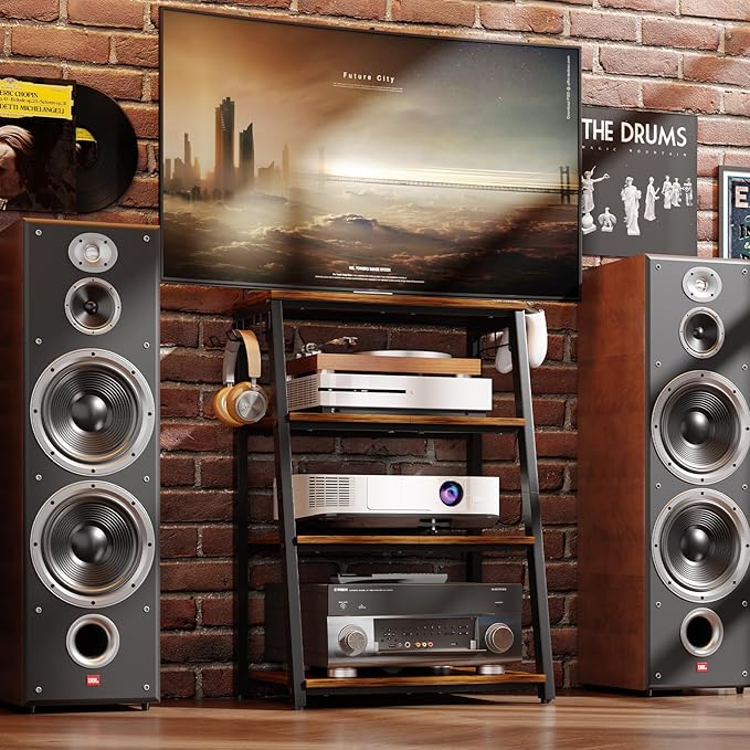 4-Tier AV Media Stand with 2 Hooks, Heavy Duty Stereo Cabinet Furniture-Large - Image 5