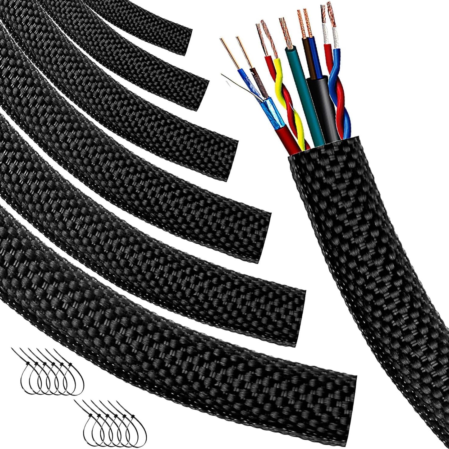 Automotive Wire Loom High Temperature Braided Wire Loom, Split-Sleeve Heat Resistant Wiring Loom Cord Cover for Harness Wires, Self-Wrapping Heavy Duty Sheathing Cable Management (1/2"-30Feet)