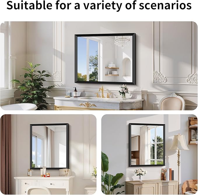 Black Bathroom Mirror 30 x 36 Inch Rectangle Wave Beveled - Image 3