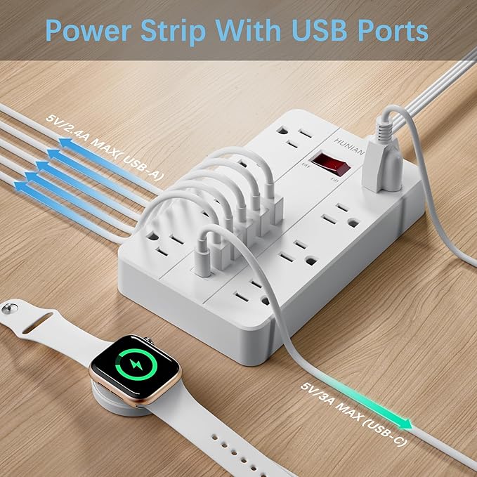 10 Ft Long Extension Cord, Power Strip Surge Protector HUNIAN Flat Plug - Image 4