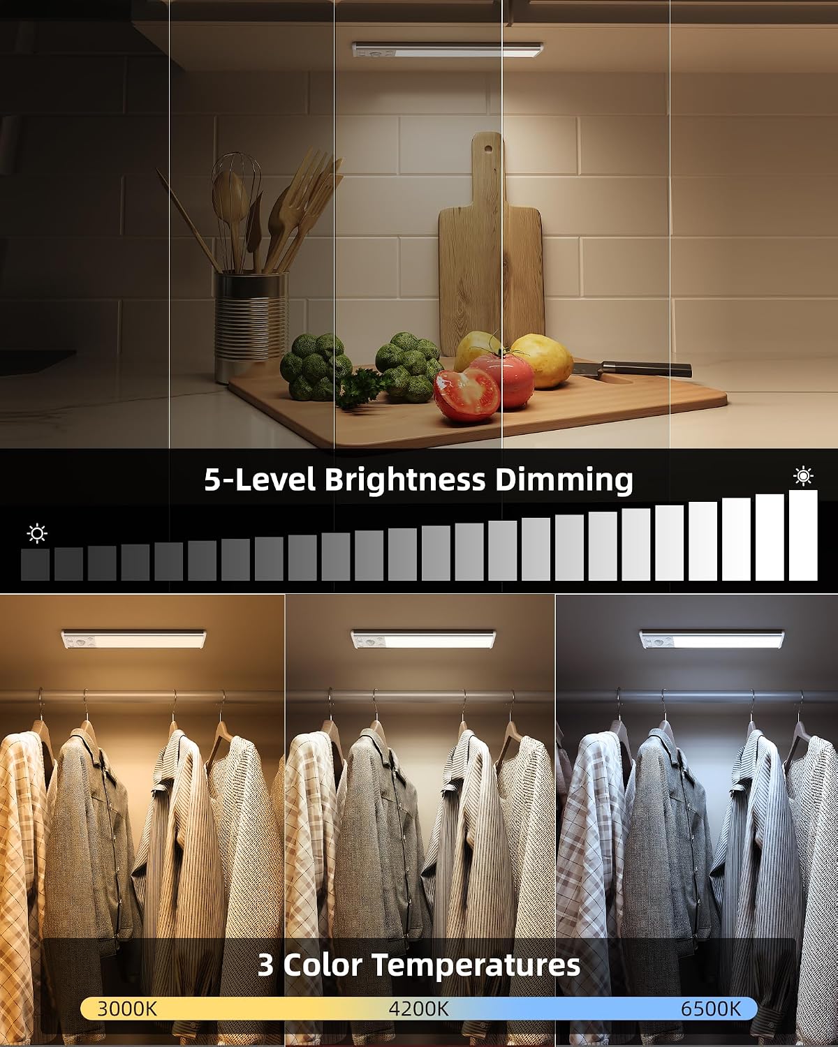 EZVALO 8" Under Cabinet Lighting, 2400mAh Rechargeable Motion Sensor Light Indoor, Mini & Slim Design, 3 Color Temps, Dimmable Magnetic Wireless Closet Lights for Kitchen, Pantry, Stairs (2 Pack)