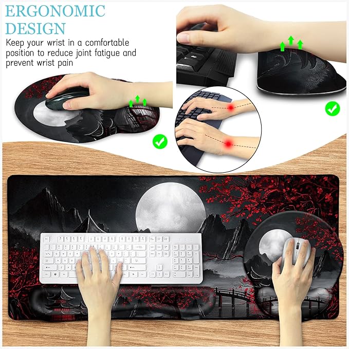 LIMKRIAN Japanese Mouse Pad Large Desk Mat Set, XXL Anime Full Moon Ergonomic - Image 3