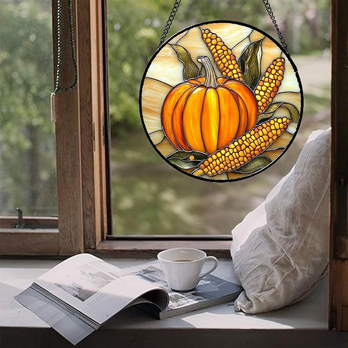 DASTOLL Stained Glass Window Hanging Autumn Harvest Pumpkin Corn 7.8" - Image 5
