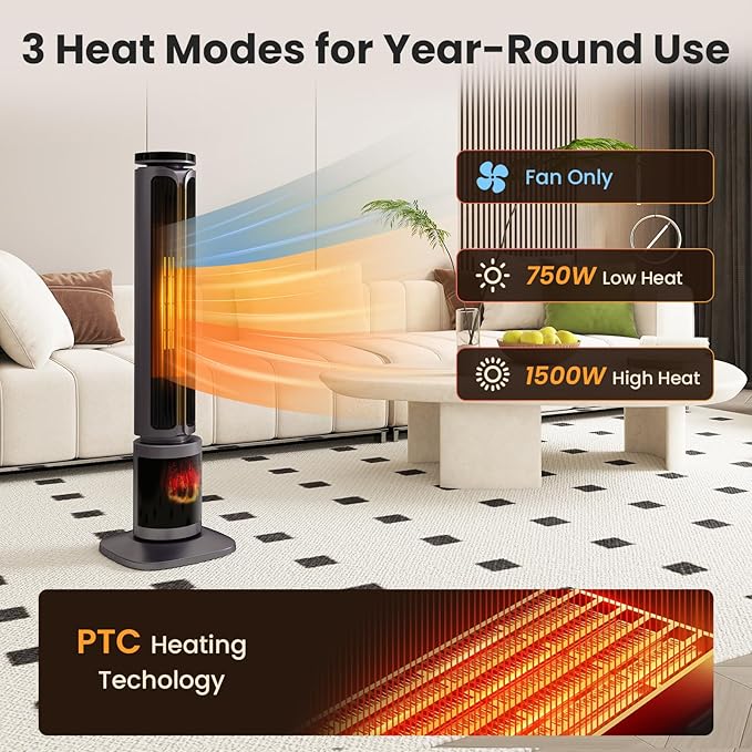 Zynkez 34.5" Space Heaters for Indoor Use Large Room, 1500W PTC Tower Fireplace - Image 4