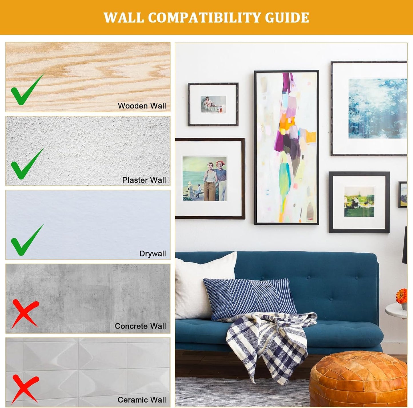 214Pcs Picture Hanging Hooks, Renter Friendly Picture Hanging Kit with Heavy Duty Picture Hangers and Hardware Nails, for Frame, Painting, Art and Photo, on Drywall,Plaster, and Wood Wall