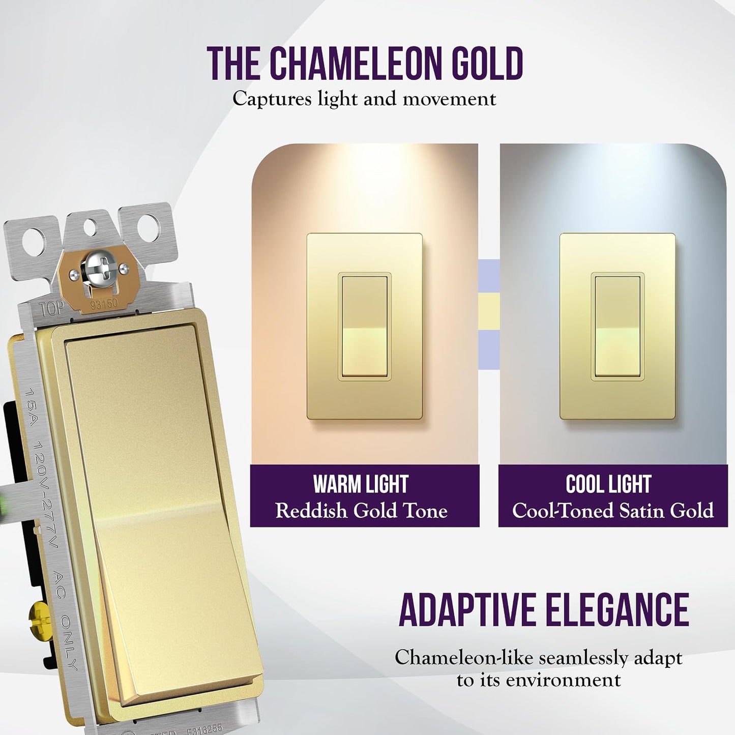 ENERLITES Gold 3-Way Decorator Paddle Rocker Light Switch, 15A, 5 Pack | Three Way or Single Pole Decorative Switch, 120V/277V, 3 Wire, Grounding Screw, Residential Grade, Gloss Finish, UL Listed