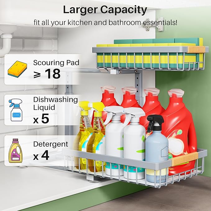 Kitstorack Under Sink Organizer, 2 Packs 2 Tier Under Sink Organizers and - Image 3