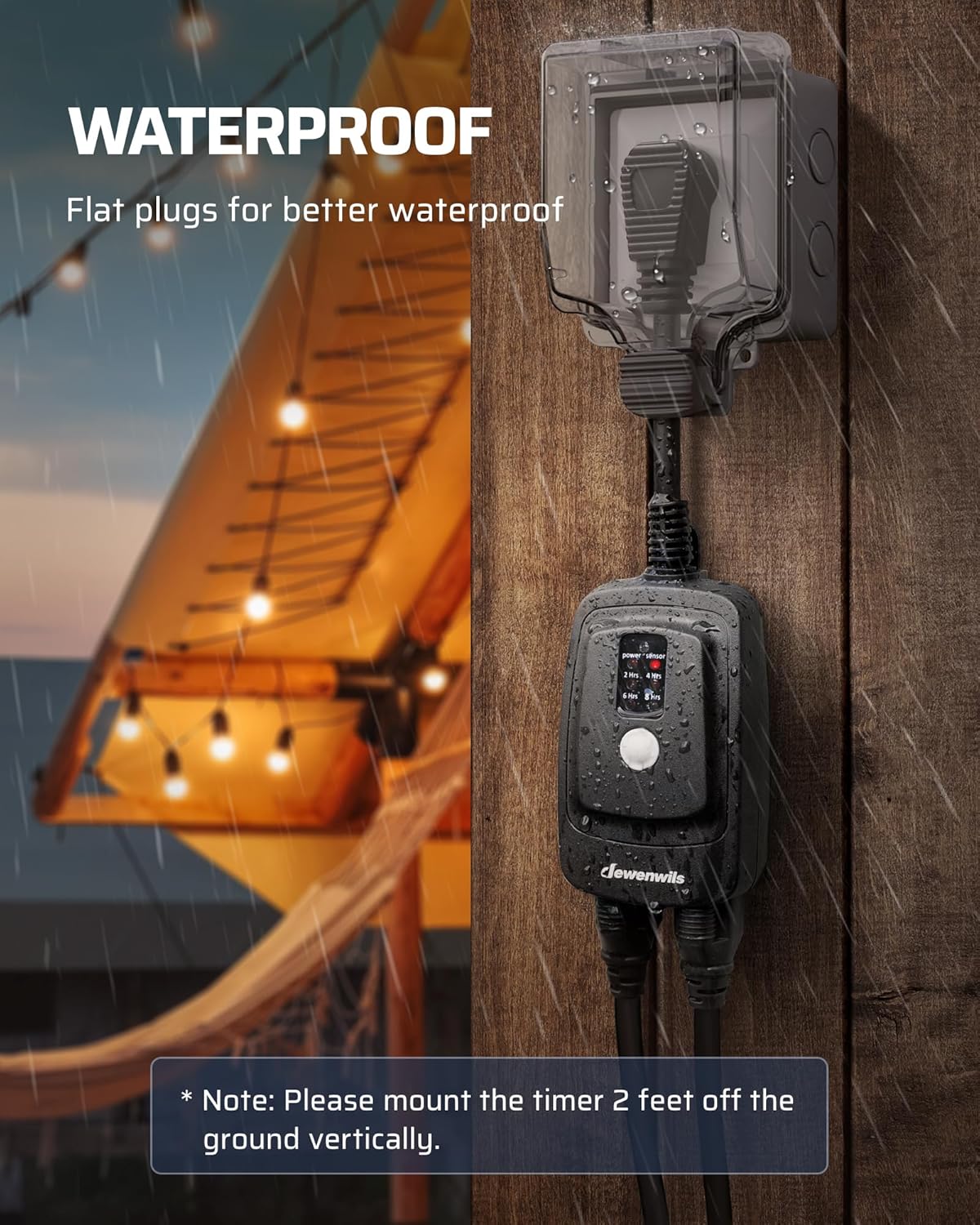 DEWENWILS Outdoor Timer for Lights,100FT Remote Control with 2 Outlets | 2/4/6/8H Countdown, 125V 15A 1/2HP, Outdoor Timer Outlet Waterproof for String Lights, Pump, Sprinkler, Fountain, UL Listed