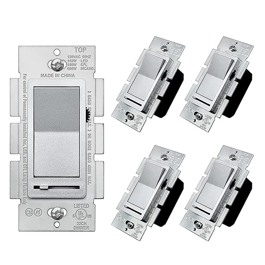 BESTTEN 5 Pack Matte Silver Dimmer Light Switch, Single Pole or 3-Way, by BESTTEN
