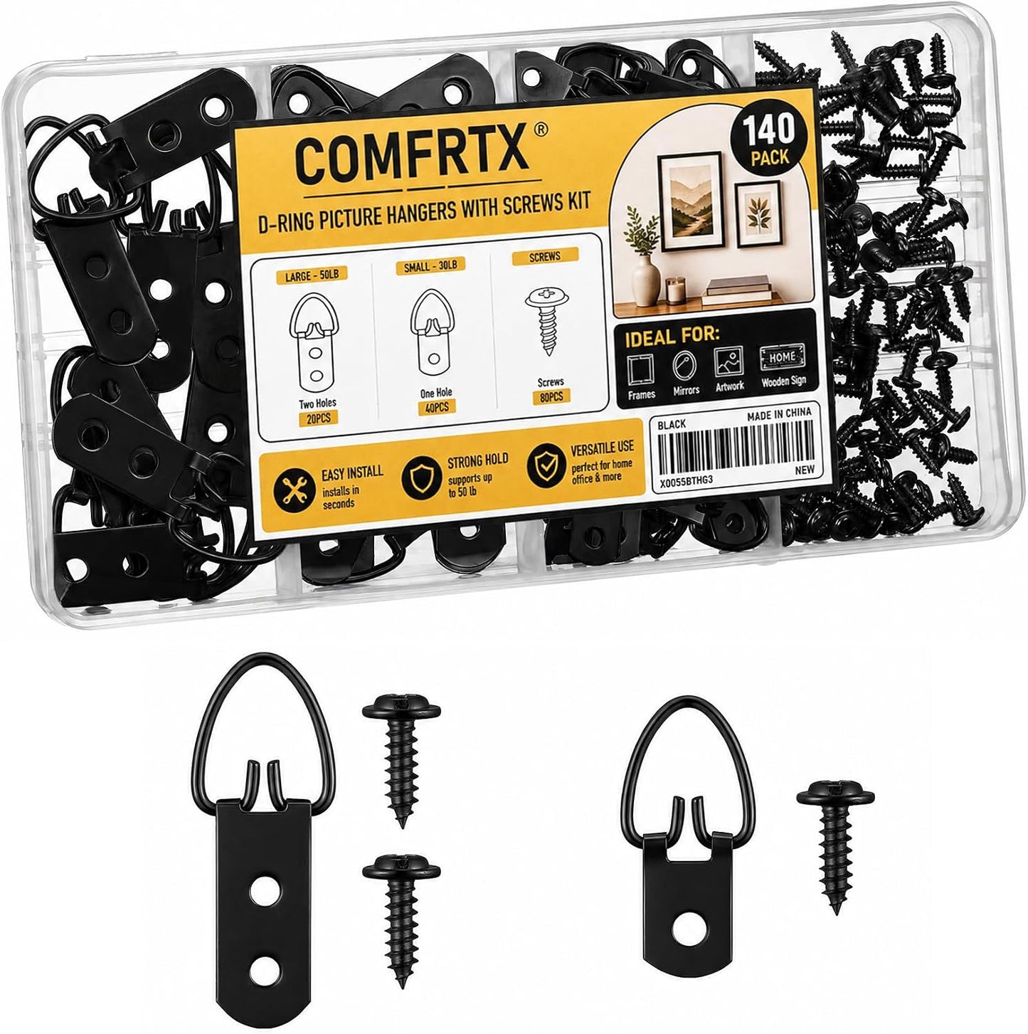 (2 Sizes, 140PCS) D-Ring Picture Hangers with Screws Kit,Heavy Duty | 40 One Hole & 20 Double Hole Hangers with 80 Screws, Wall Hooks for Frames, Mirrors, Canvas & Picture Hanging Hardware Black