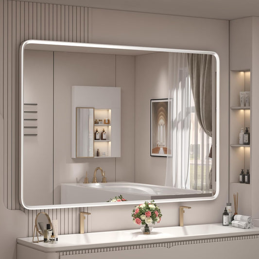 44x30 Inch Silver Framed Mirror, Brushed Nickel, Rounded Rectangle Mirror
