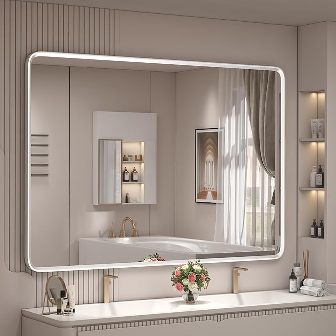 44x30 Inch Silver Framed Mirror, Brushed Nickel, Rounded Rectangle Mirror by GOLOMO